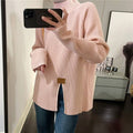 Asymmetrical Split High Neck Sweater: WHITE / One_size