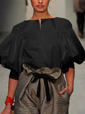 Buttoned Puff Sleeve Solid Color Blouse: WHITE / S