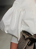 Buttoned Puff Sleeve Solid Color Blouse: WHITE / S