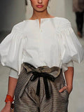 Buttoned Puff Sleeve Solid Color Blouse: WHITE / S