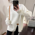 Asymmetrical Split High Neck Sweater: WHITE / One_size