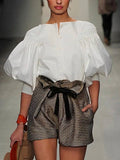 Buttoned Puff Sleeve Solid Color Blouse: WHITE / S
