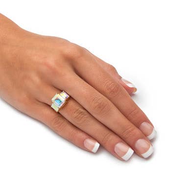 5.60 TCW Emerald-Cut Aurora Borealis CZ 3-Stone Gold Ring: 10