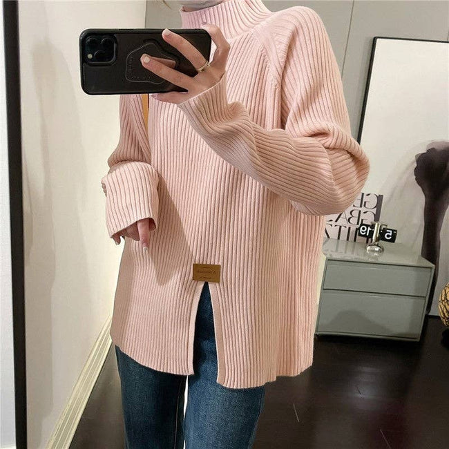 Asymmetrical Split High Neck Sweater: WHITE / One_size