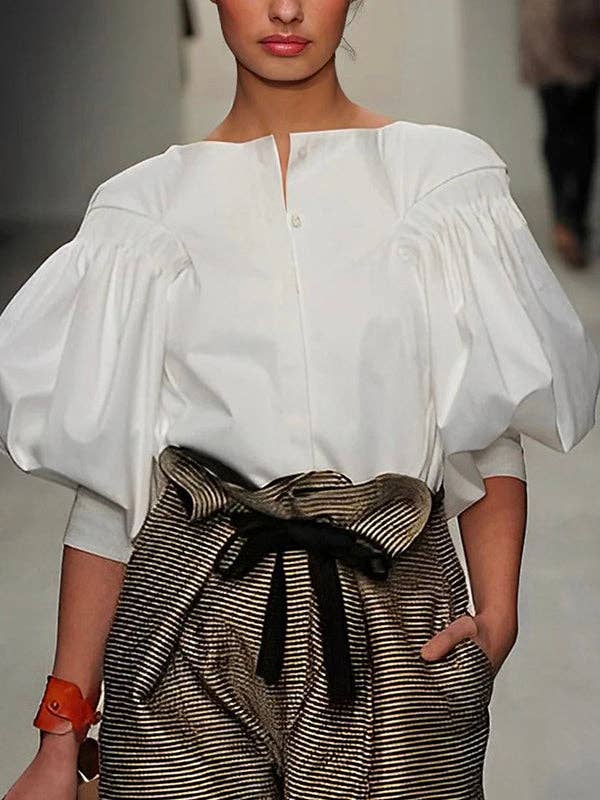Buttoned Puff Sleeve Solid Color Blouse: WHITE / S