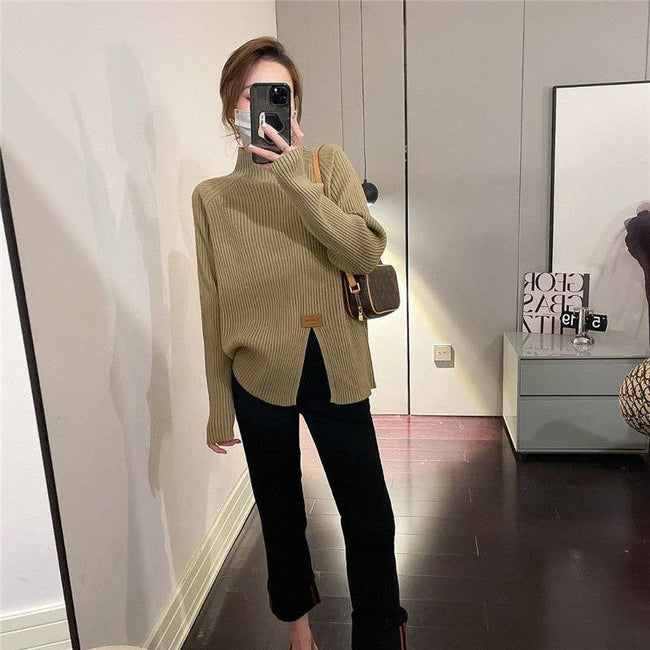 Asymmetrical Split High Neck Sweater: WHITE / One_size