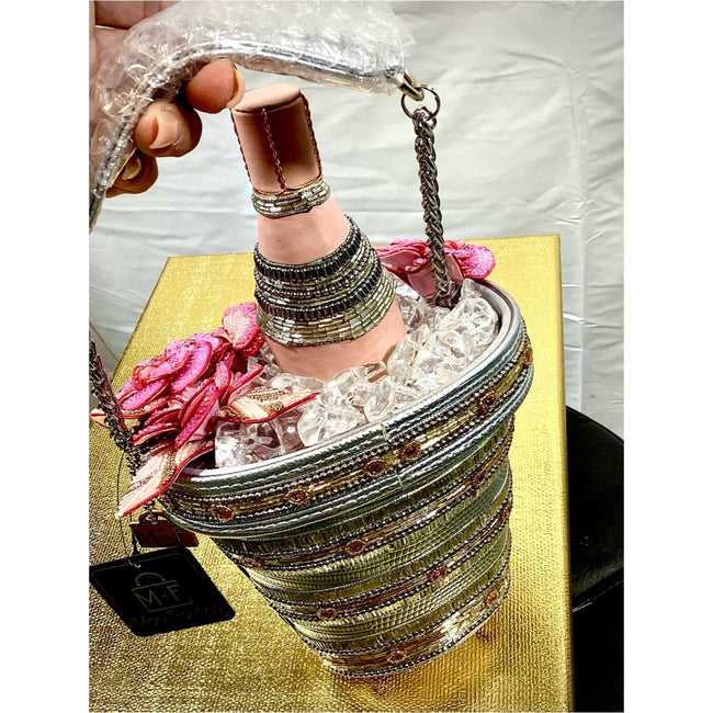 Champagne on Ice Beaded Bottle and Bucket Top-Handle Bag