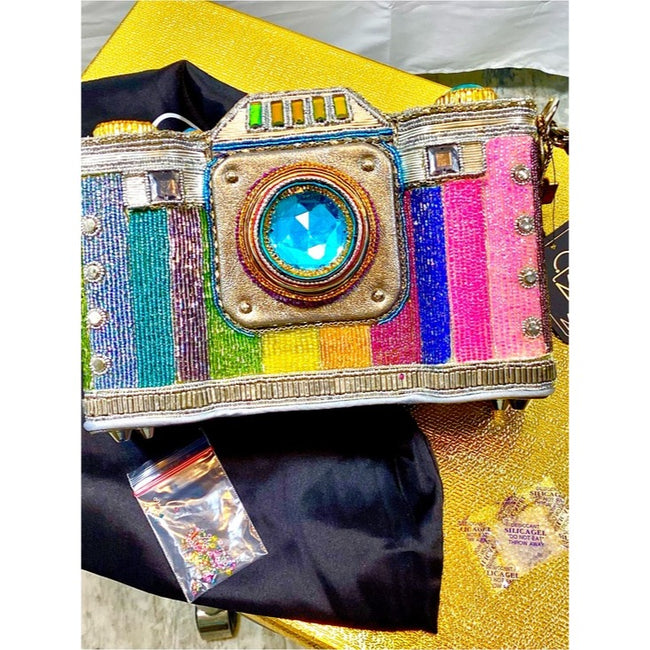 Mary Frances Life in Color Beaded Rainbow Camera Bag with Blue Jewel Lens NWT