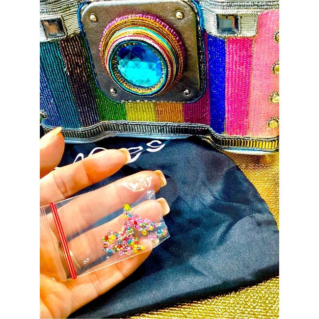 Mary Frances Life in Color Beaded Rainbow Camera Bag with Blue Jewel Lens NWT