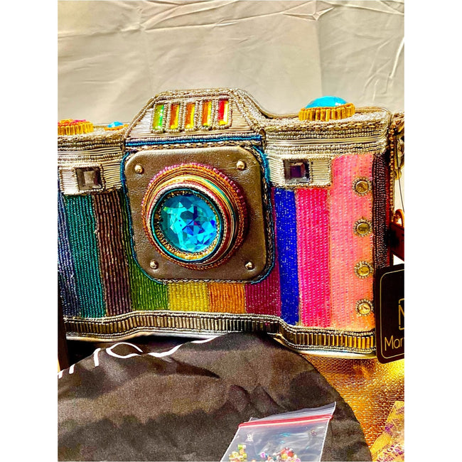 Mary Frances Life in Color Beaded Rainbow Camera Bag with Blue Jewel Lens NWT