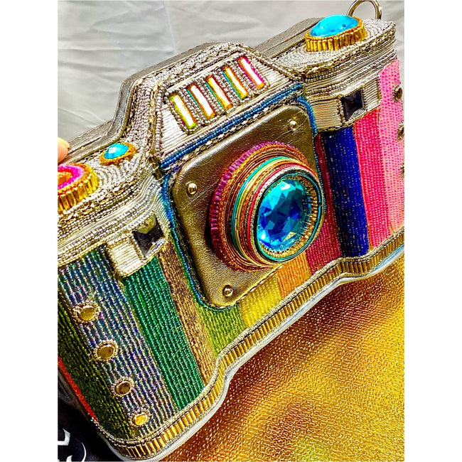 Mary Frances Life in Color Beaded Rainbow Camera Bag with Blue Jewel Lens NWT