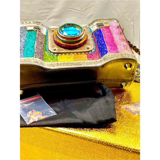 Mary Frances Life in Color Beaded Rainbow Camera Bag with Blue Jewel Lens NWT